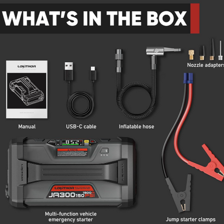 Lokithor ja300 black and red portable 1500a jump starter with air compressor led light and digital display 258 volts