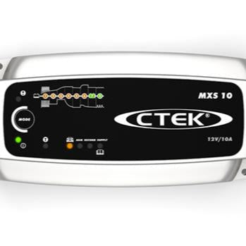 CTEK MXS 10 car battery charger in use outdoors in India, safely charging a 12V car battery in a home garage