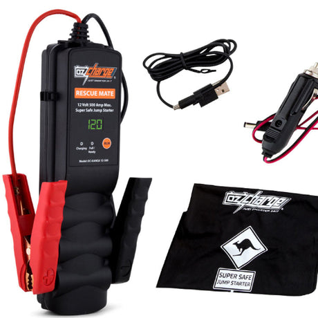 OzCharge RescueMate 500 batteryless capacitor booster close-up detail, compact jump starter for Indian car owners