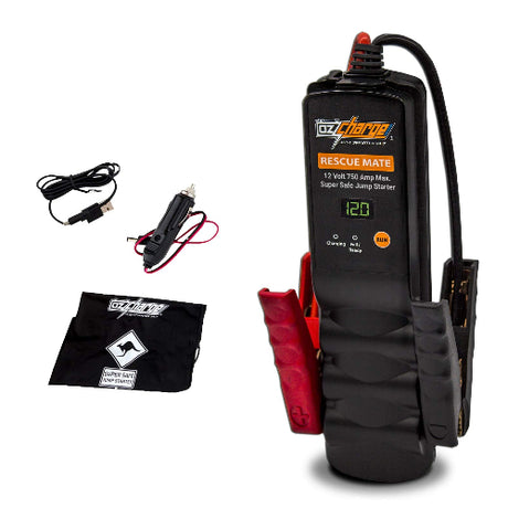 OzCharge RescueMate 750A capacitor jump starter without battery in use on a car bonnet, ideal for Indian roads
