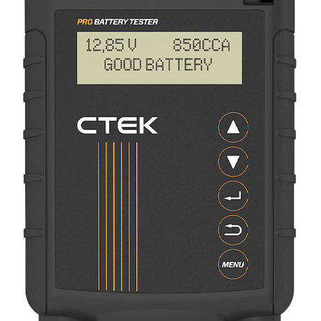 CTEK Pro 12V battery tester side view showing compact analyser compatible with AGM, EFB and Lead-Acid batteries