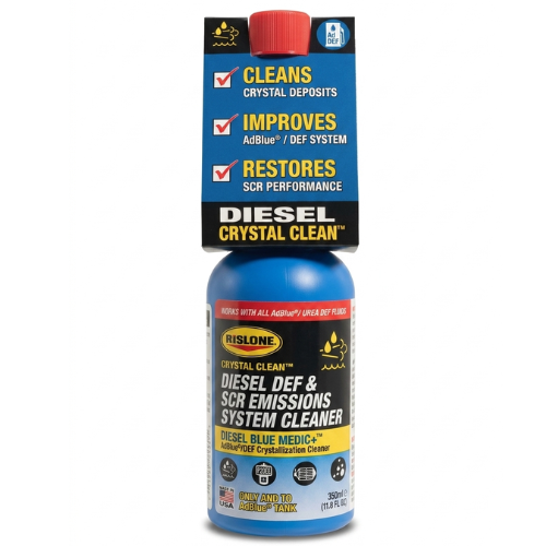 Blue plastic bottle with red cap labeled diesel crystal clean by rislone for diesel def and scr emissions cleaning