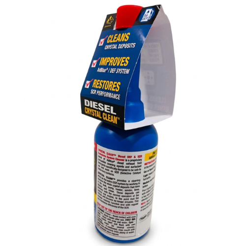 Blue plastic bottle with red cap and cardboard label for rislone crystal clean diesel engine deposit cleaner 350ml