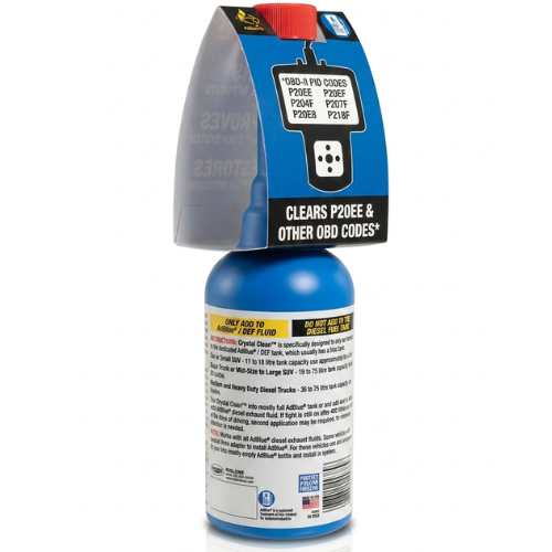 Blue cylindrical bottle of rislone crystal clean diesel def and scr emissions system cleaner with clear cap and blue label
