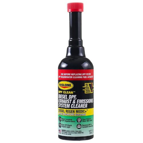 Black bottle with red cap and colorful rislone dpf clean label for diesel exhaust system cleaner 500 ml