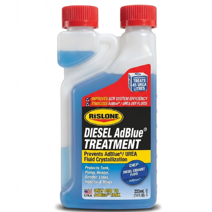 Rislone diesel adblue treatment 225ml bottle with red cap and blue liquid prevents adblue urea fluid crystallization