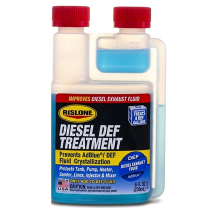 Rislone diesel def treatment blue liquid in clear plastic bottle with red cap prevents def fluid crystallization 235 ml