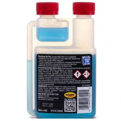 Red-capped translucent plastic bottle of RisLone diesel DEF treatment with blue liquid prevents AdBlue crystallization 235 ml