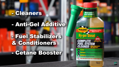 Fuel system cleaner bottle with product features listed on a blurred background