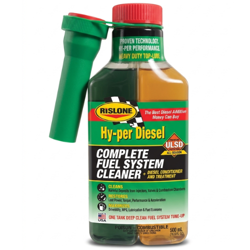 Rislone hyper diesel complete fuel system cleaner 500ml in a green and black bottle with red cap and green spray nozzle