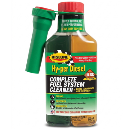Rislone hyper diesel complete fuel system cleaner 500ml in a green and black bottle with red cap and green spray nozzle