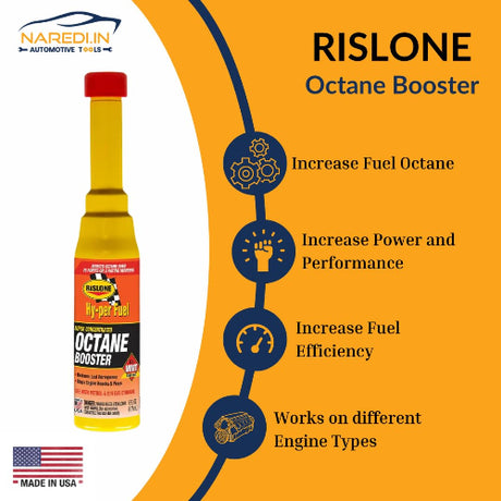 Yellow rislone octane booster bottle with red cap and label boosts petrol quality and stops engine knock