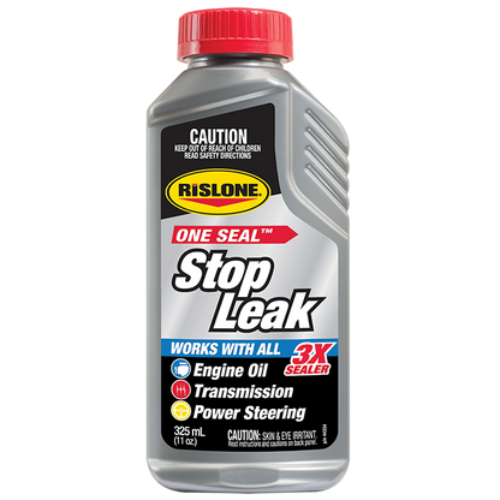 Silver plastic bottle with red cap and black label of rislone one seal stop leak for engine oil 325ml