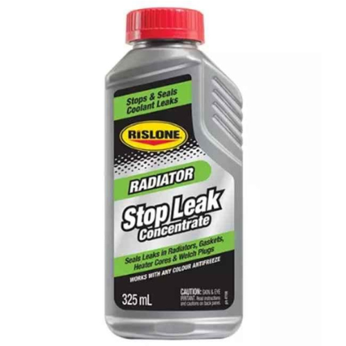 Silver plastic bottle with red cap and green label of Rislone radiator stop leak concentrate 325ml for engine cooling systems