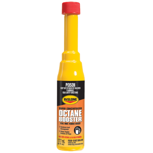 Yellow plastic bottle with red cap and black label, featuring the brand name ’rislon’ and product title ’super concentrated octane booster.’