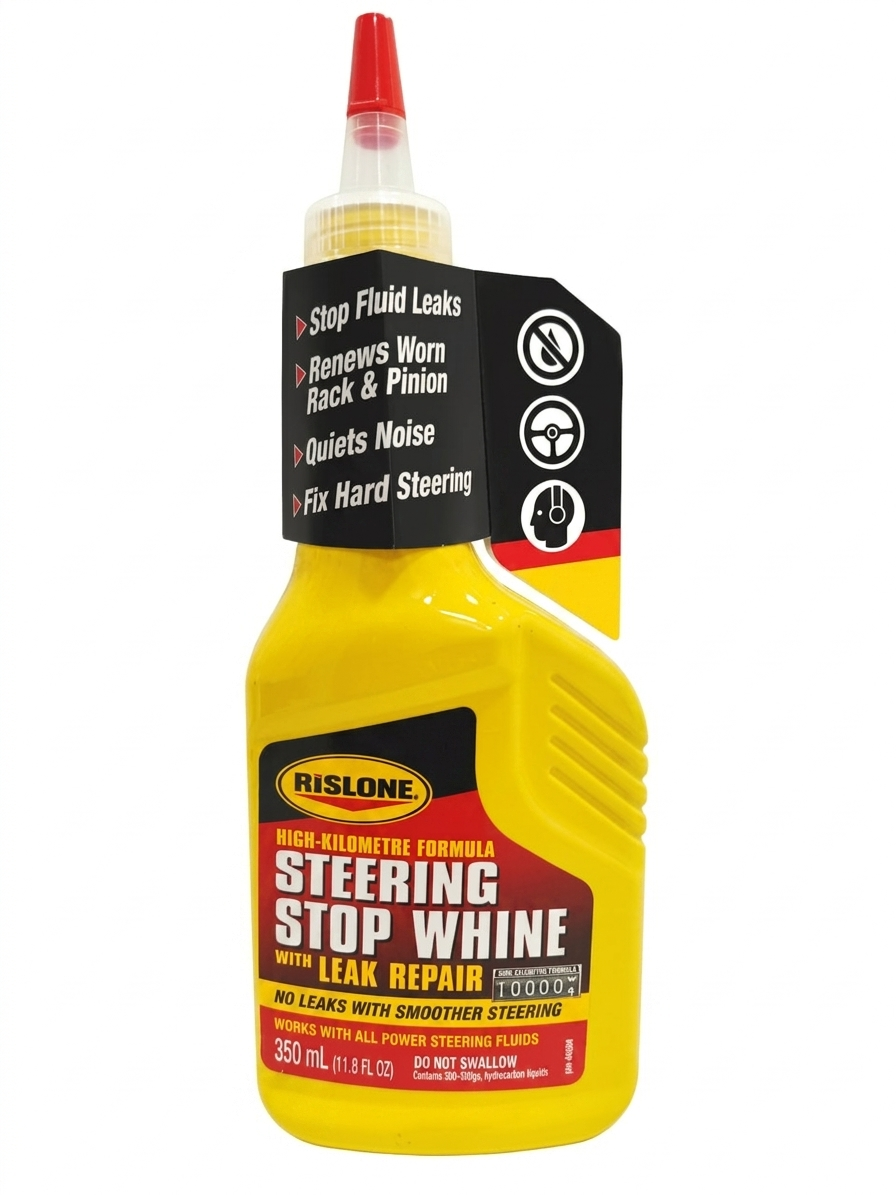 Yellow bottle of rislone high kilometre formula steering stop whine with leak repair with red cap and black label