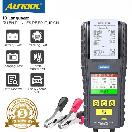 AUTOOL BT860 battery tester printer side view showing 12V/24V AGM EFB GEL report capability for Indian automotive use