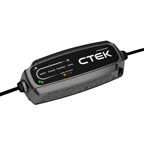Ctek ct5 powersport smart 12v superbike battery charger in black and silver with illuminated mode and charge indicators