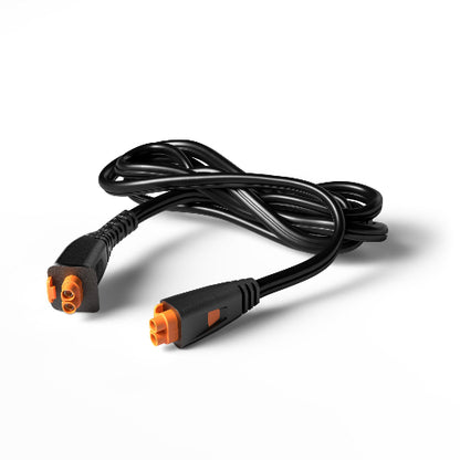 Black extension cable with orange connectors on a white background