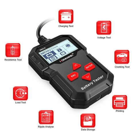 Konnwei KW210 portable battery tester size reference next to hand, available at competitive price in India