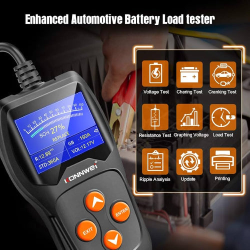 Black plastic handheld konnwei kw600 12v battery tester with blue lcd screen and orange buttons for car and motorcycle use