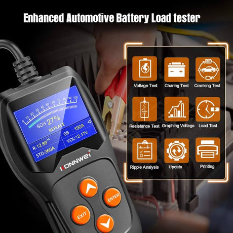 Black plastic handheld konnwei kw600 12v battery tester with blue lcd screen and orange buttons for car and motorcycle use