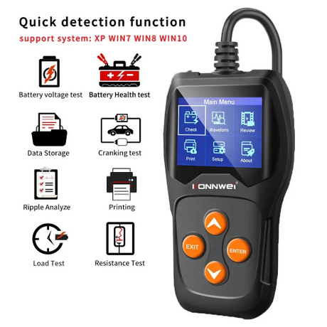 Konnwei KW600 CCA battery tester side view showing display screen and test ports for AGM, GEL, EFB batteries in India