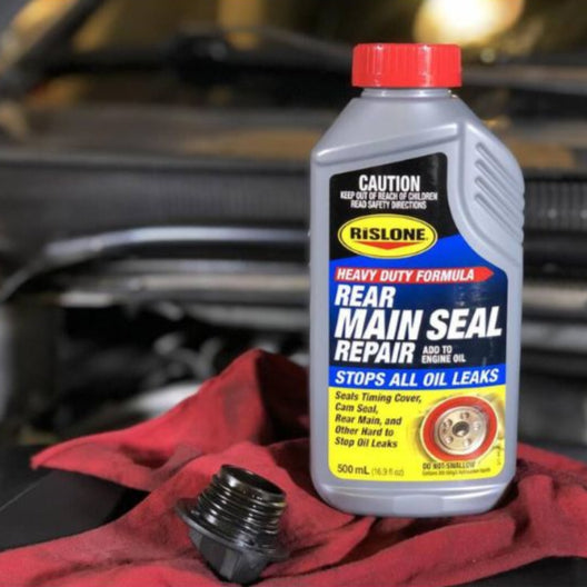 Rislone Rear Main Seal Repair bottle detail shot — trusted oil leak seal solution available in India